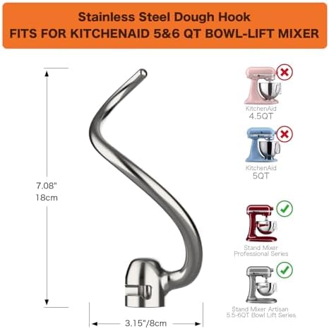 Stainless Steel Dough Hook Replacement for KitchenAid Mixers