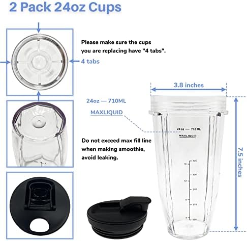 GENQORN 24 oz Blender Cups with Lids and Blades Replacement