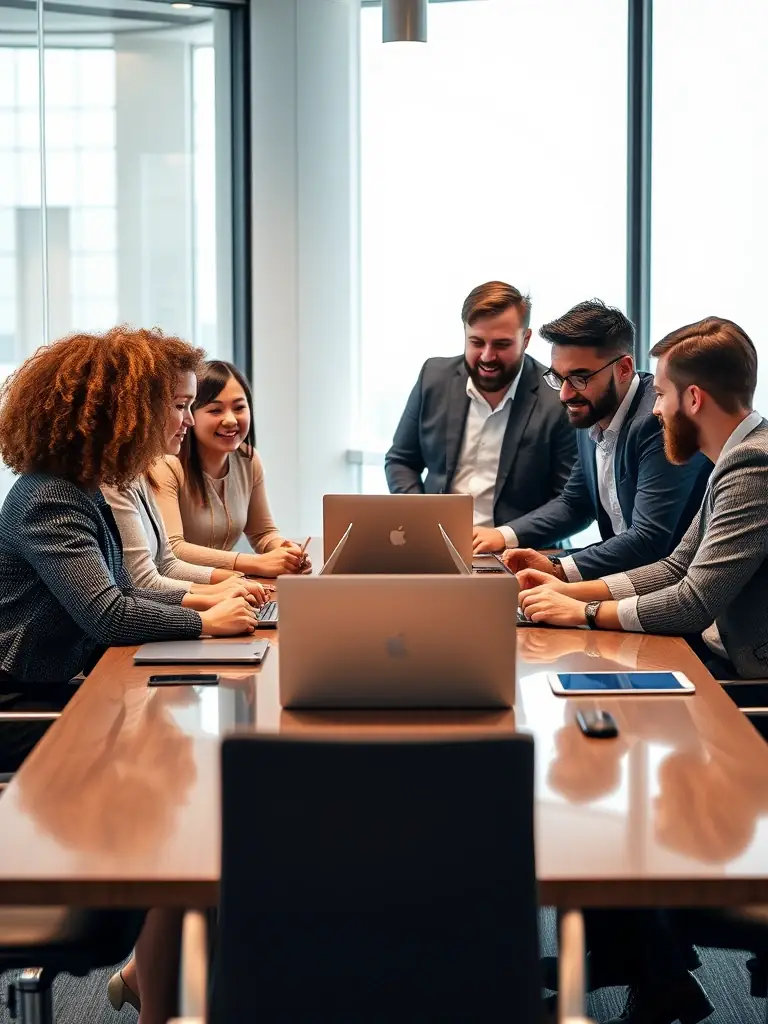 A professional photograph of a diverse team of VEYTHRON LTD consultants collaborating on a digital transformation project in a modern office setting. The image should convey expertise, teamwork, and innovation.