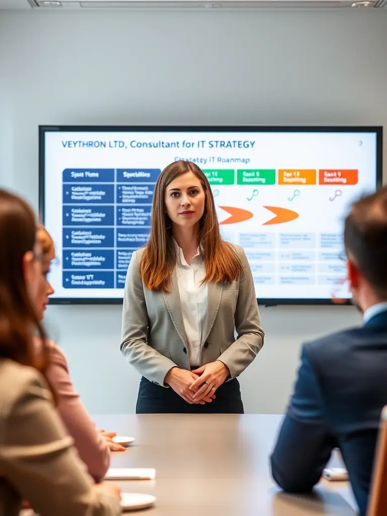 An image showing a VEYTHRON LTD consultant presenting an IT strategy roadmap to a client's executive team. The image should convey professionalism, strategic thinking, and clear communication.