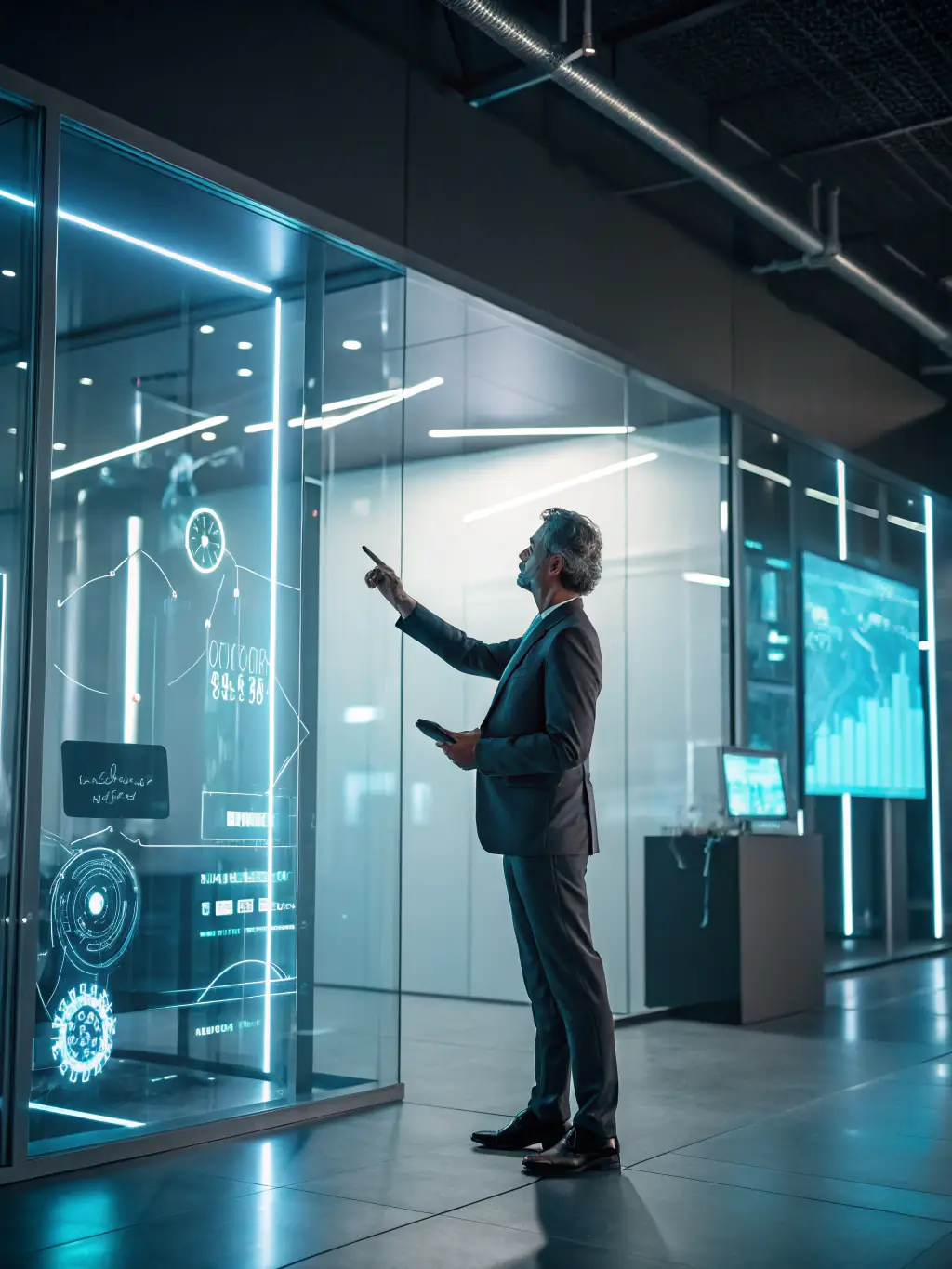 A consultant presenting a cybersecurity solution to a client, showcasing network security protocols and data encryption methods on a holographic display.