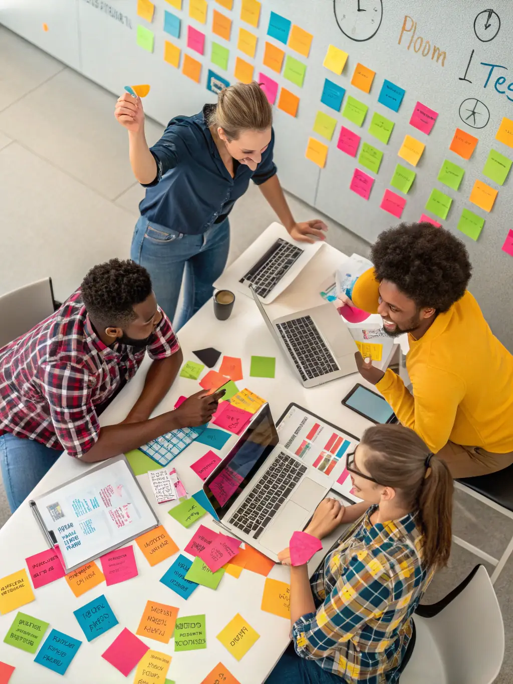 A diverse group of IT professionals engaged in a strategic planning session, brainstorming ideas and outlining a comprehensive IT roadmap for a client in the financial sector.