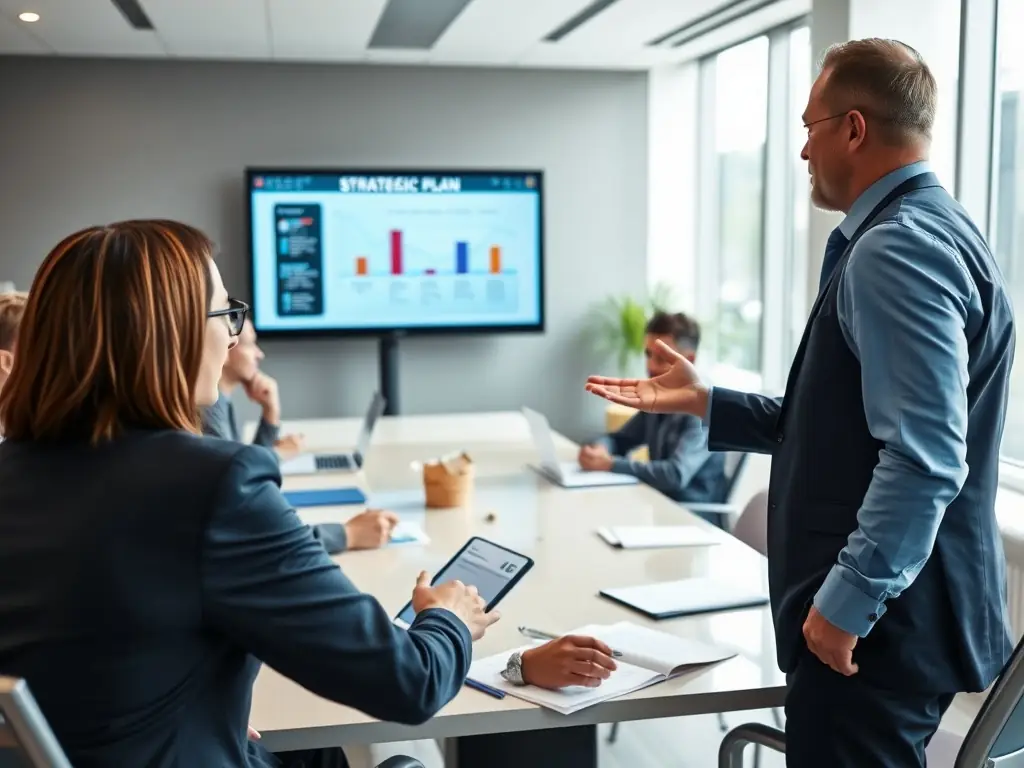 A consultant in a business suit is presenting a digital strategy roadmap to a team of executives in a modern office setting. The roadmap visualizes key milestones and strategic goals.