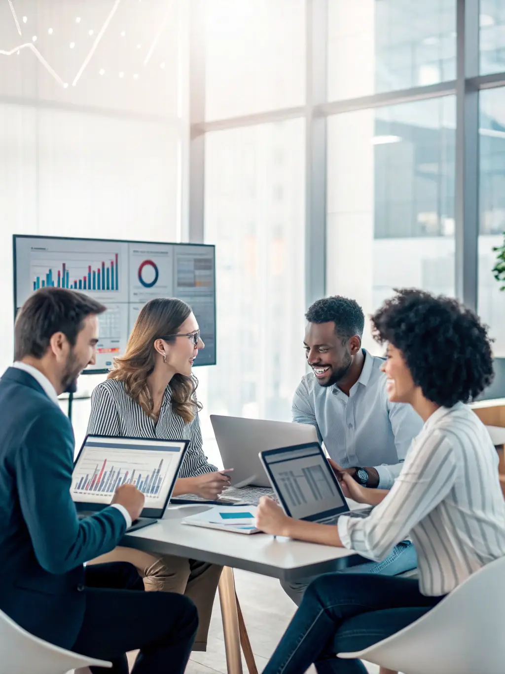 A professional team collaborating on a digital transformation project, using tablets and interactive displays to analyze data and strategize solutions for a client in the manufacturing industry.