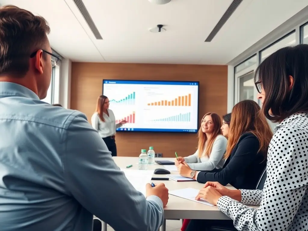 A consultant is leading a workshop on data analytics, demonstrating how to extract insights from data to improve decision-making and business performance.