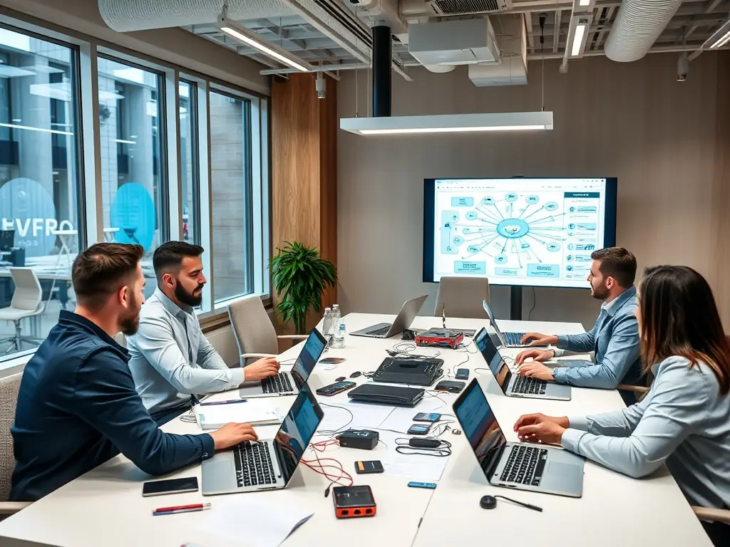 A team of IT consultants is collaborating on a network infrastructure diagram, discussing cybersecurity measures and system optimization strategies.